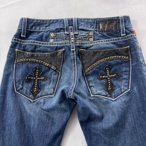 Robins Jeans Men 32 Blue Black Leather Cross Studded Pockets made in USA